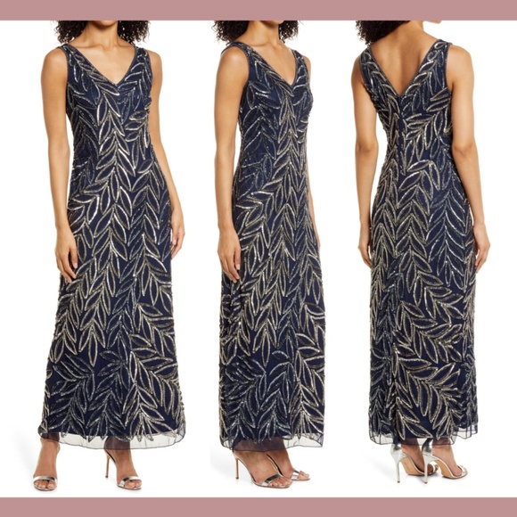 NEW Pisarro Nights [ 16‎ ] Beaded Column Gown in Navy Blue - Picture 1 of 12